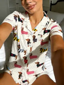 Women's Two-Piece Short Sleeve Sleepwear Set, Cute Sausage Dog Polka Dot Button Shirt, Chest Pocket & Elastic Waist Shorts, Casual Homeewear