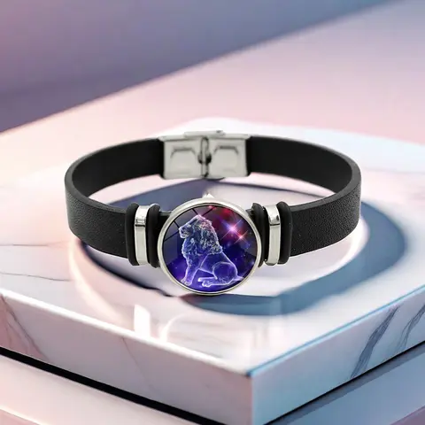 Women's Aries Glow in the Dark 12 Zodiac Signs Celestial Bracelets & Bangles - 20cm (7.87in) PU Leather Snap Clasp, Crystal Glass Galaxy Charm, Durable Bracelet for Workout, Parties, Campus & Dates