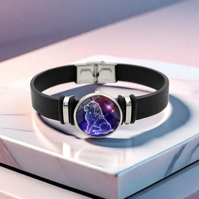 Women's Aries Glow in the Dark 12 Zodiac Signs Celestial Bracelets & Bangles - 20cm (7.87in) PU Leather Snap Clasp, Crystal Glass Galaxy Charm, Durable Bracelet for Workout, Parties, Campus & Dates