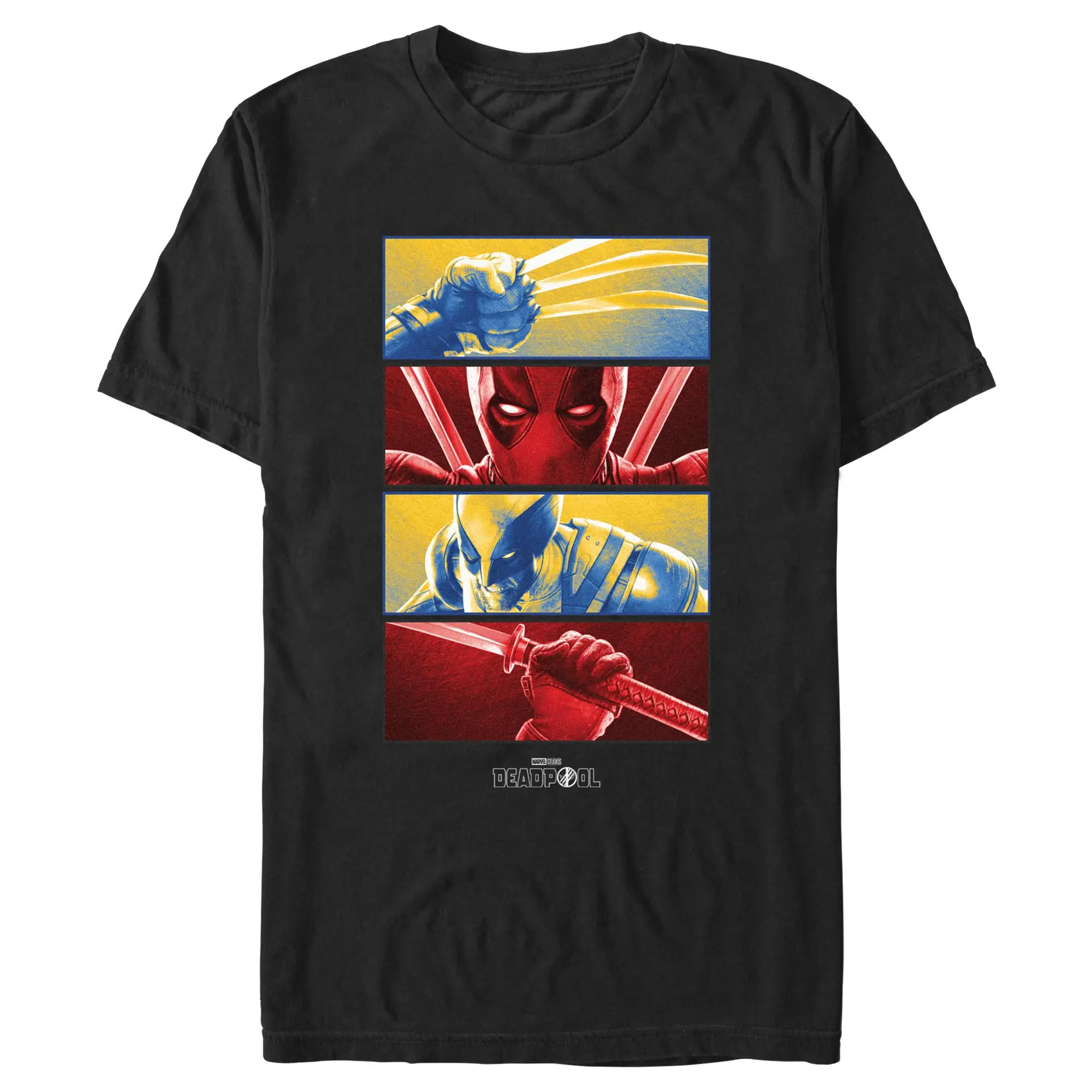 Men's Marvel Deadpool & Wolverine Apparel - Red and Yellow Action Panels, Claws-Themed, Short-Sleeve, Fashion Casual T-Shirt