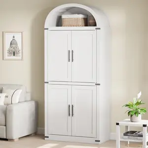Kitchen Pantry Cabinet, Arched Bookshelf Bookcase Pantry Storage Cabinet with Doors and Shelves,71“ Tall Food Pantry Funiture 5 Tier Kitchen Cabinets for Dining Room, White