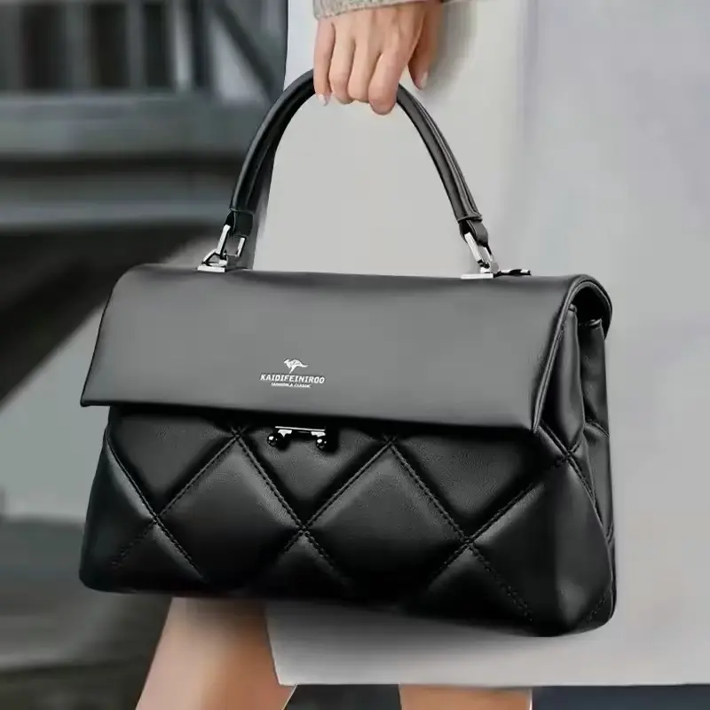 Black Quilted Top-Handle Satchel Bag, Stylish Structured Handbag for Daily Use