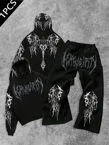 Men Women Long Sleeve Straight Leg Pants Set, Gothic Style Casual Fashion, Spring & Fall Loose Fit, Versatile Graphic Pattern