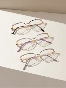 Women's Elegant Rhinestone Cat Eye Glasses Frame Set, Anti-Blue Light Casual Style, All Season Fashion Accessory for Students, Bluelight Glasses