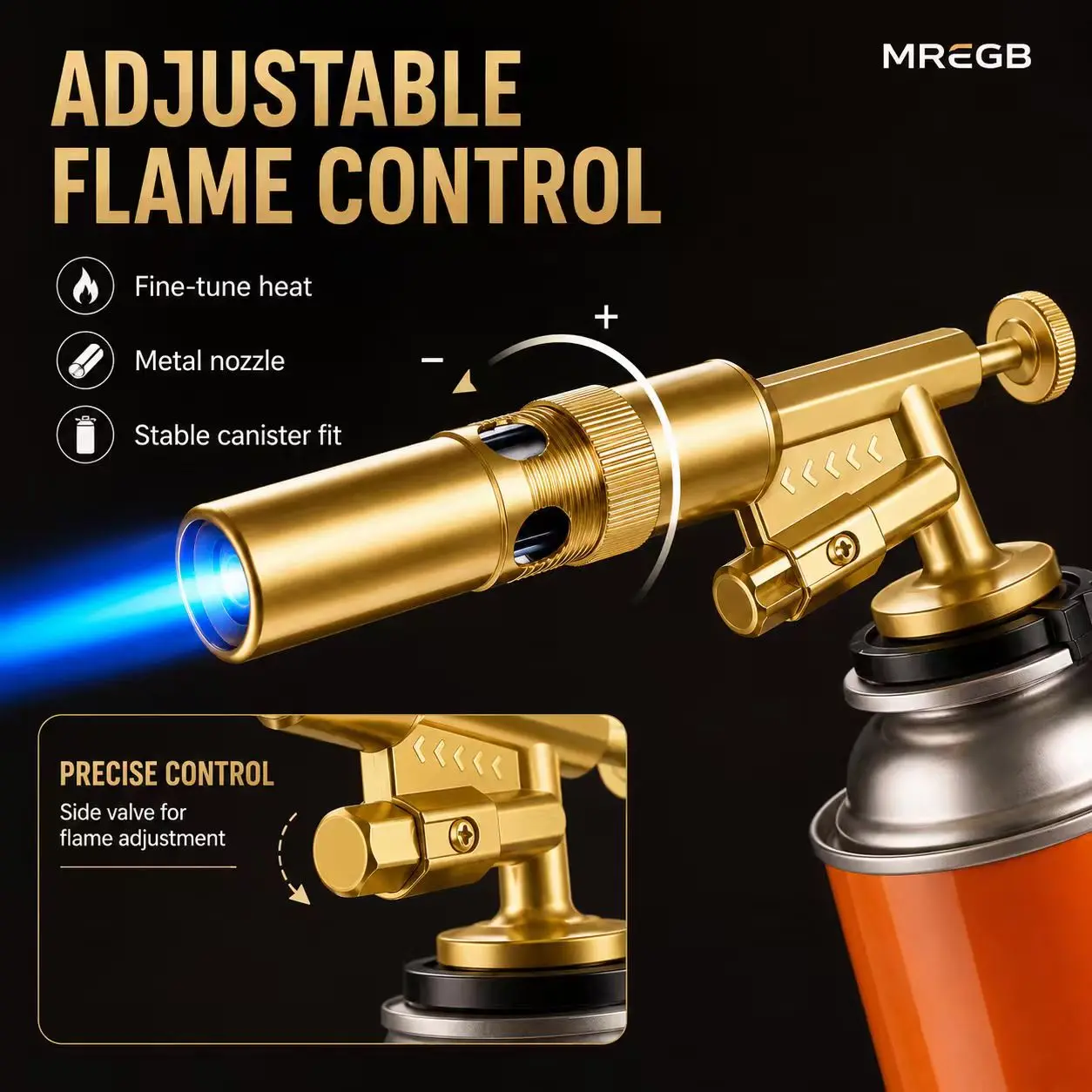 MREGB Handheld Copper Alloy Food Culinary Torch. Fully Enclosed Safe Blow Torch for Kitchen Baking, Dessert, BBQ & Crafts. High-Temp Adjustable Flame DIY Cooking Gadget with Ergonomic Grip. Gas Cylinder Not Included.