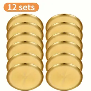 12pcs Golden Stainless Steel Round Plates - 5.51inch, Elegant Metallic Finish for Home, Kitchen, Camping, and Holiday Gatherings (Halloween, Christmas, Easter, Valentine's, Thanksgiving)