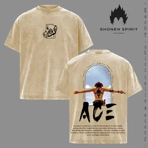 Vintage Portgas D. Ace One Piece Anime Double Printed Washed Tee Unisex Oversize Anime Manga Acid Washed Lightweight Cotton T-Shirt