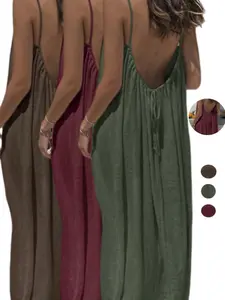 Relaxed Linen Backless Long Dress, Soft Strap Dress for Vacation and Daily Wear, Home Two-Wear Concealing Dress, Casual Loose-Fitting Style