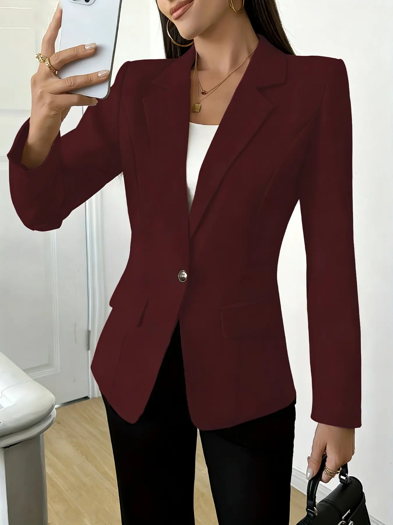Women's Elegant Chic Fitted Long Sleeve Single Button Blazer Jacket, Button Lapel Blazer, High-Quality Fabric, Trendy Design Fashion, Perfect for Office, Business Work Clothes, Casual & Everyday Wear, Womenswear