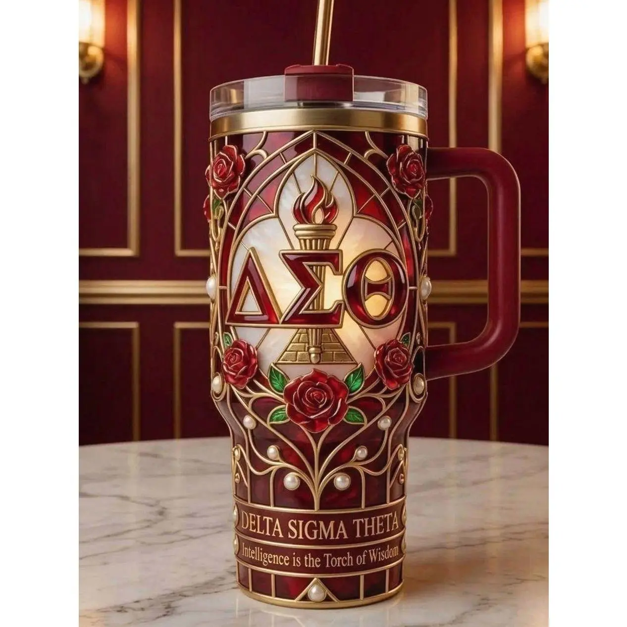 Delta Sigma Theta Stainless Steel Tumbler with Handle – Sorority-Inspired Insulated Cup, Perfect DST Gift for Sisters