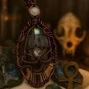 Lunar Guardian Pendant - Labradorite & Moonstone in Copper Handcrafted with Antique Wirework for Spiritual Alignment & Intuition