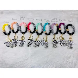 Beaded Wristlet Keychains - Stretchy Band & Silicon Beads with Mama Cow Print Tag & Tassel - Versatile Colors for Daily Use