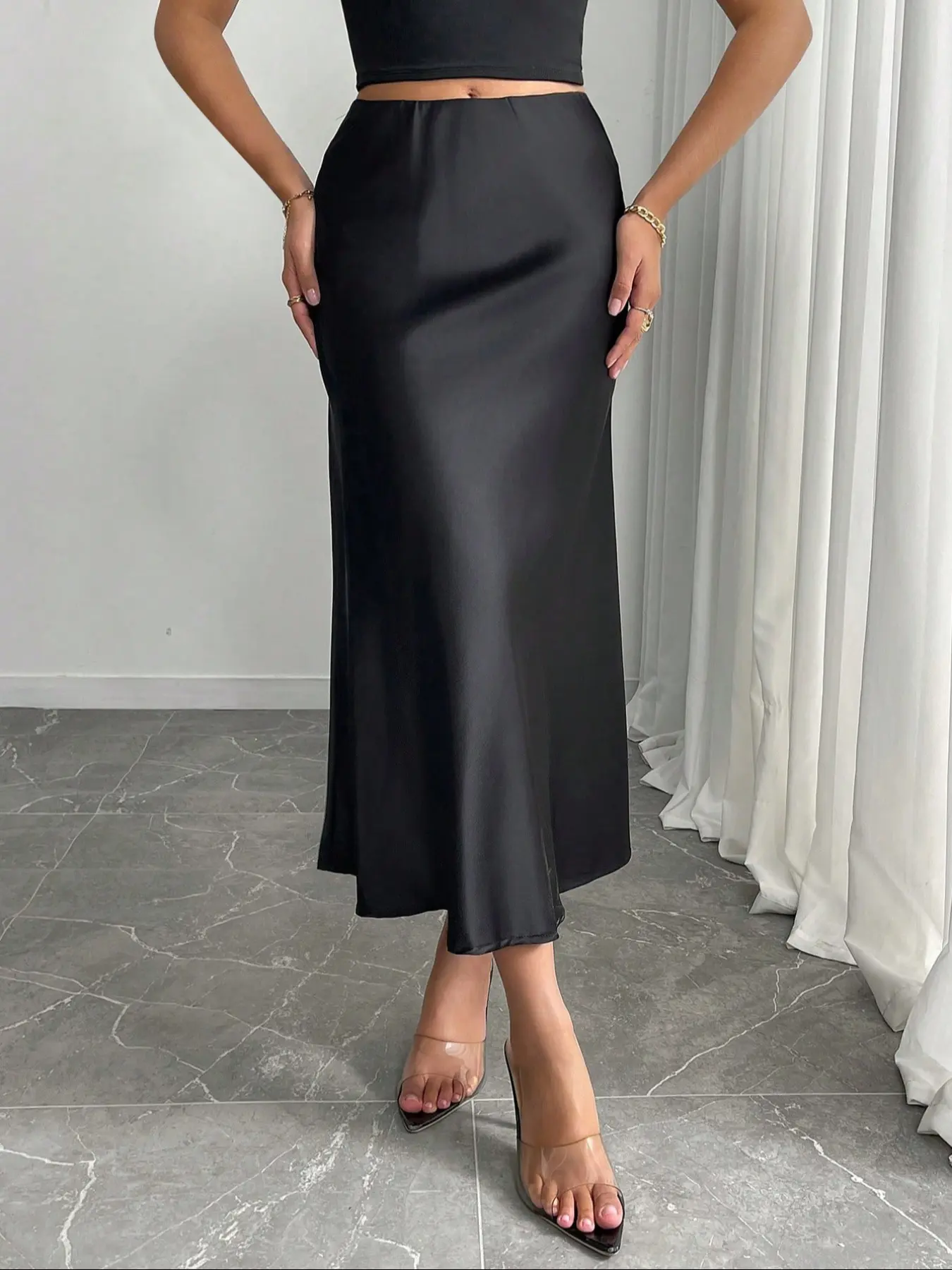 Elegant Solid Color High Waist Slimming Satin Long Skirt, Fashionable Women's Half-Sleeve Dress, Versatile and Stylish, High Waisted Skirt, Formal Fashion Skirt, High Waist Skirts