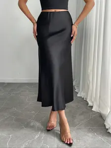 Elegant Solid Color High Waist Slimming Satin Long Skirt, Fashionable Women's Half-Sleeve Dress, Versatile and Stylish, High Waisted Skirt, Formal Fashion Skirt, High Waist Skirts