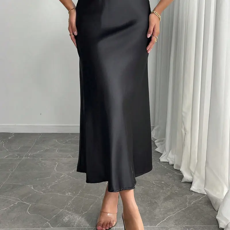 Elegant Solid Color High-Waisted Slimming Satin Long Skirt for Women, Versatile and Stylish, Formal Skirt