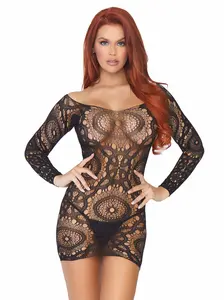 Leg Avenue Is This Love Boho Lingerie Mini Dress, Long-Sleeve, Sheer Breathable Lace Net Fabric
