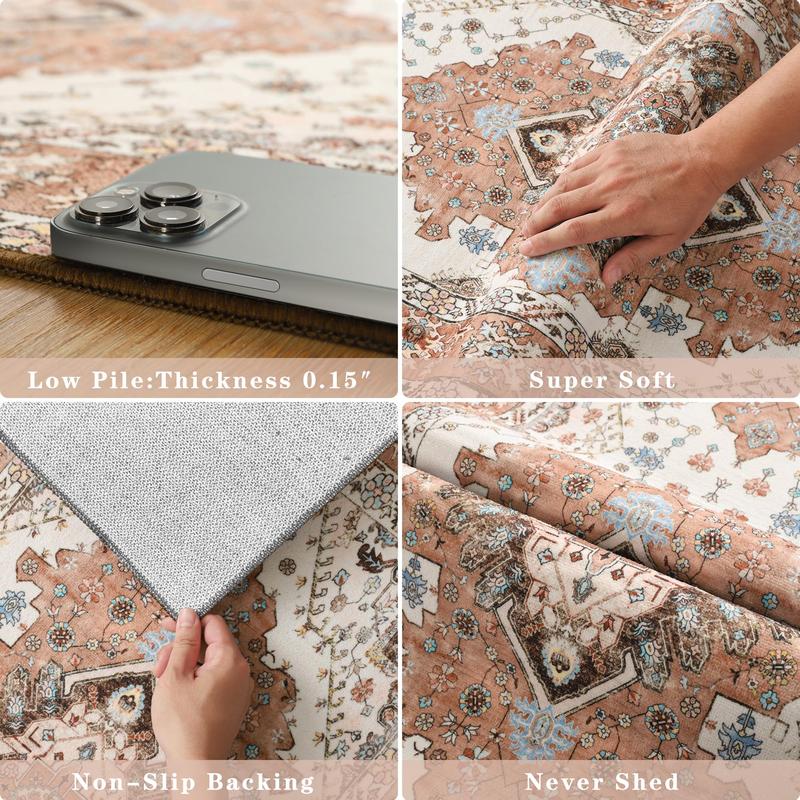 9x11 Feet Orang Machine Washable Vintage Area Rug Non-Slip Low Pile Large Rug For Living Room, Bedroom, Farmhouse, Dining Room, 5x8, 7x10 Feet