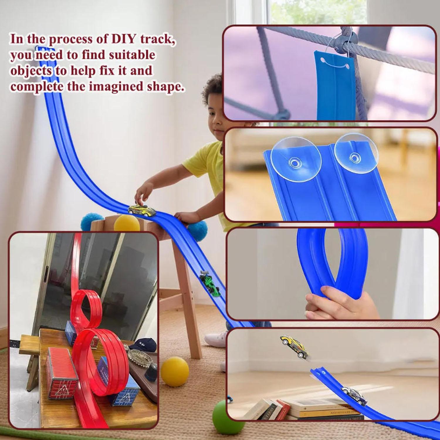 12.8 ft children’s elastic racing track, 1:64 die-cast racing toys, roll-up portable racing track, includes 4 cars and suction cups, birthday and Christmas gift for boys and girls ages 3+.