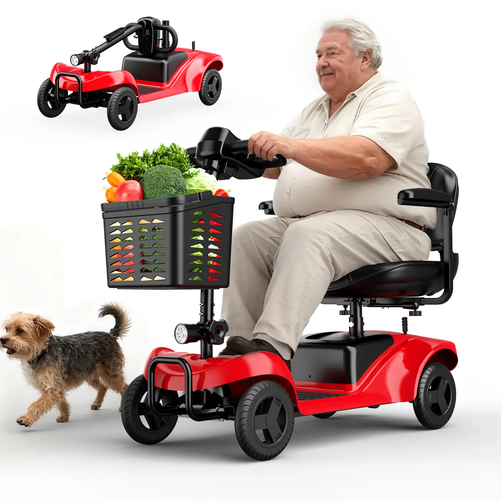 Adult 4-Wheel Lightweight Portable Mobility Scooter - 15 Mi Range, 300LBS Capacity, LED Headlights, Storage Basket, Included Charger, Ideal for Elders