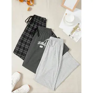 Women's 3-piece set of letter and checkered printed drawstring waist sleepers, all season casual and comfortable elastic waist sleepers, women's comfortable home wear, pajama setRAIMENTRY