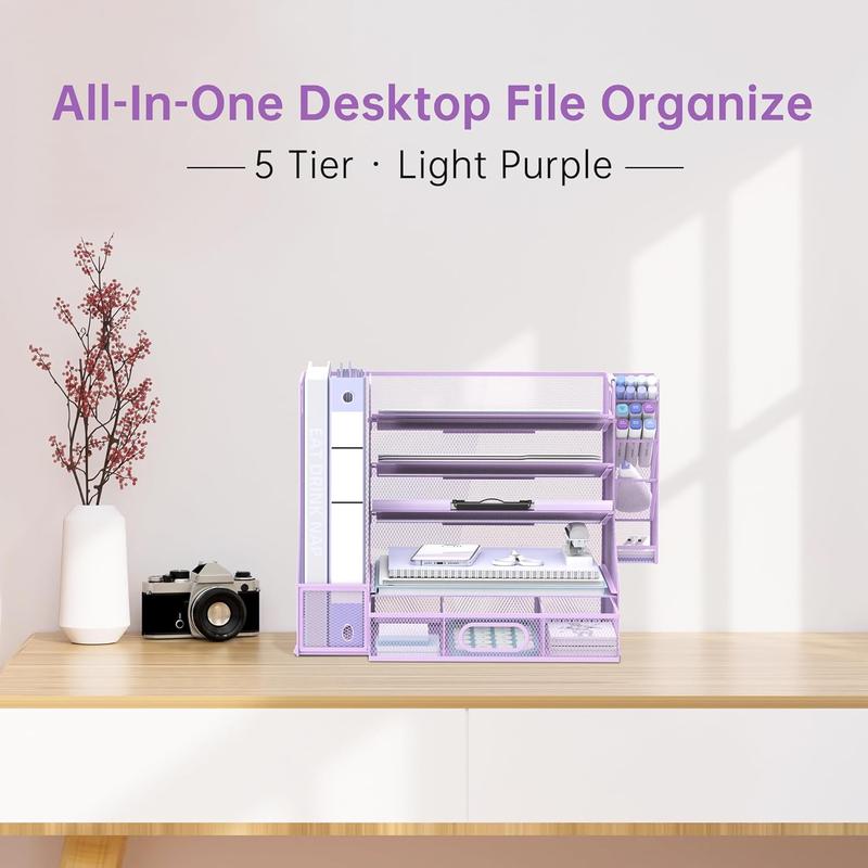 Desk Organizer with File Holder, 5-Tier Mesh Paper Letter Tray Organizer with Pen Holder and Drawer, Desktop Organizer and Storage with 3 Tilted File Sorter for Office Supplies, Purple