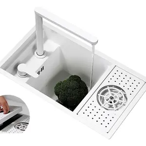 23 Inch White Nano Hidden Bar Kitchen Sink Single Bowl with Up and Down Faucet & Glass Rinser Set for Balcony Commercial Use