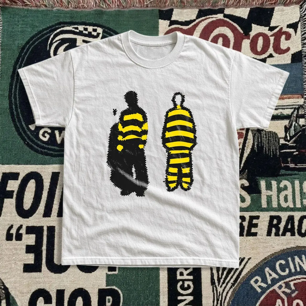 Bee Costume Duo Graphic Tee, White Yellow and Black T-Shirt, Funny Y2K Cartoon Shirt, Retro Alternative Streetwear Top