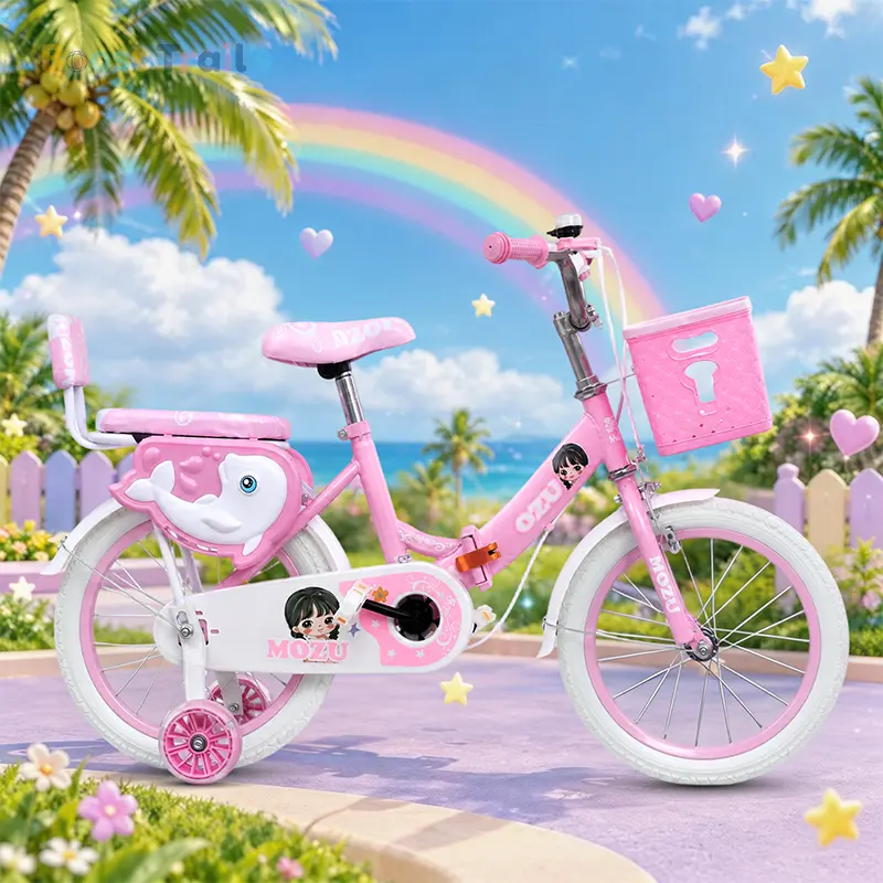 Boost Trail's Folding Kids Bike for Girls, Pink Dolphin Design Toddler Bicycle with Training Wheels & Basket, Foldable Kids Bicycle for Ages 3-10
