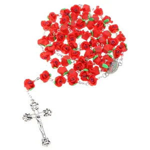 Rose Flower Beads Rosary Necklace for Women Catholic Virgin Cross Pendant