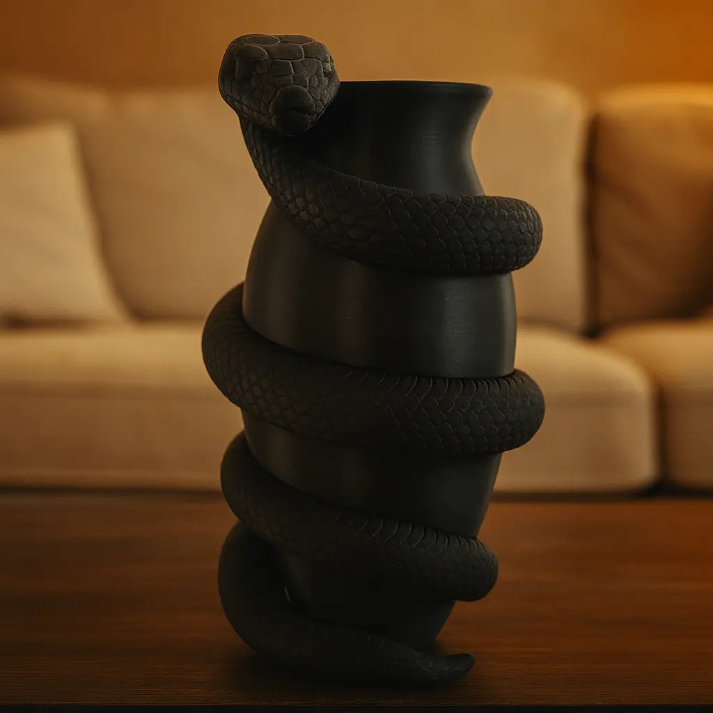 Serpent Embrace Vase - 9.5 in Lightweight Matte Charcoal PLA Plastic 3D Printed Gothic Modern Statement Piece, Coiled Form with Scale Texture Removable Home Decor Centerpiece for Coffee Table, Mantle Gift