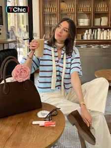 Women's Short Sleeve Cardigan, Crewneck Color Block Striped Knit Top with Buttons, Loose Fit Casual Summer Sweater, Elegant & Versatile Daily Wear