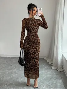 Elegant Leopard Print Mesh Ruched Fashion Dress, Long Sleeve Slim Fit Women's All-Season Dress, Stylish and Comfortable