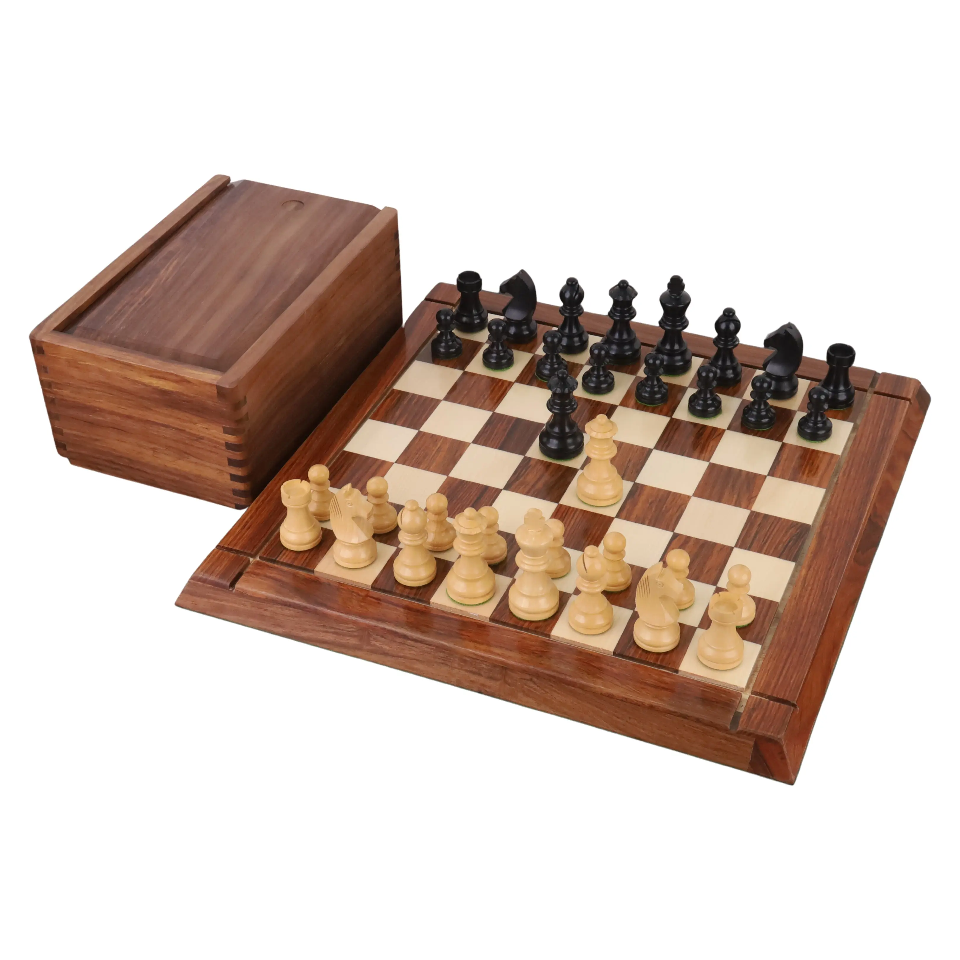 Combo of Compact Size Tournament Chess set - Pieces in Ebonised Boxwood with Board and Box