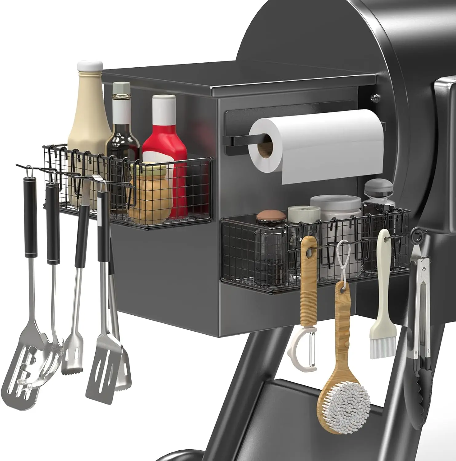 Magnetic Storage Bin & Paper Towel Holder for Traeger Smoker Grills - Easy-Attach Barbecue Utensils Organizer, Compatible with Ironwood 885, Pro Series 34/22, D2 575/780/650, Z-Grills, Pit Boss, Grill Brush