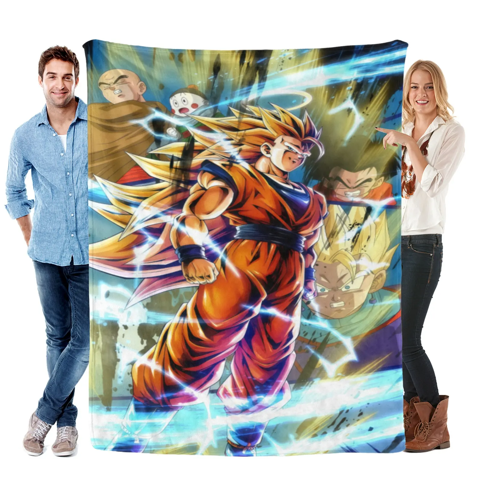 [Summervibes] Super Saiyan 3 Goku Lightning Effect Blanket, Lightweight Flannel, Vintage Dragon Ball Blanket Gift For Anime Collectors