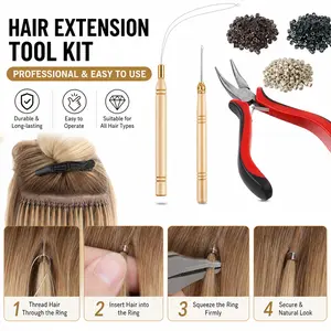 Hair Extension Kit with 600 Micro Beads – Professional Tinsel & Feather Hair Tool Set Includes Pliers, Pulling Hook, Needle & Sewing Tool for Easy DIY Application or Removal (Black, Blonde & Brown)