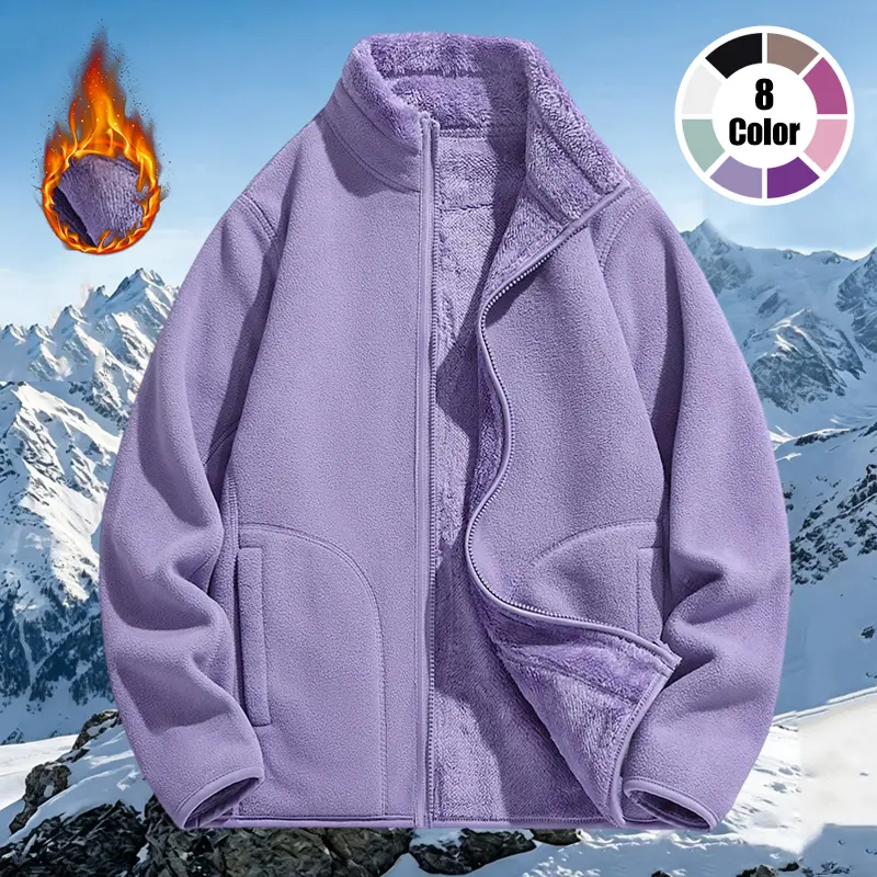 Women's Fashion Solid Color Warm Fleece Jacket, Fall Winter Thick Reversible Sherpa Coat, Comfortable Outerwear for Daily Outing Hiking & Travel
