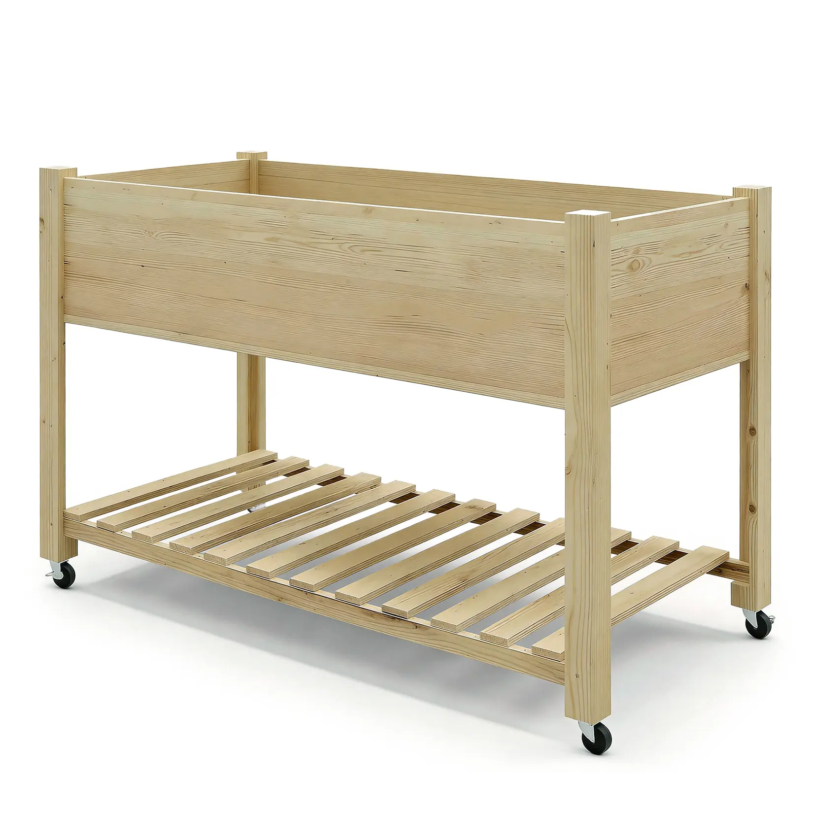Mobile Elevated Wooden Raised Garden Bed with Lockable Wheels, 48x24x30in Planter Box Equipped with Legs, Storage Shelf & Plant Liner, Sturdy Outdoor Growing Container for Vegetables, Herbs & Flowers, Perfect for Patio and Backyard Planting