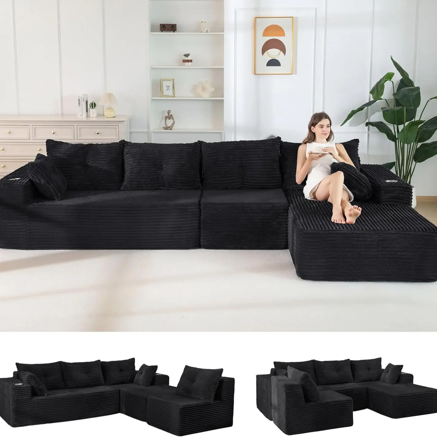 Black- 3 Seater+Right Facing Chaise