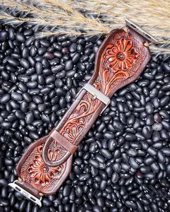 Myra Bag Hand-Made Floral Tooled Leather Strap - Antique Mahogany Lone Star Watch Bracelet for Fashion Watch Accessories