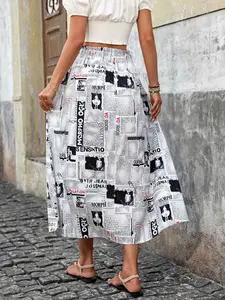 High-Waisted A-Line Midi Skirt, Newspaper Print, Elastic Waist, Flowy Full Skirt, Streetwear Casual, Trendy Girls' Bottoms