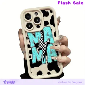 Case for iPhone 16 Pro Max 15 Plus 14 13 12 11 XS XR Cow Skin Mama Pattern Pocket-Friendly Shockproof Silicone Protective Cellphone Softcase Gift For Girls and Women