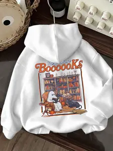 Women's Halloween Hoodie with Ghost Reading Graphic, Casual Knit Loose-Fit Pullover, Fall & Winter Korean Style, Multiple Colors Available, Sweatshirts