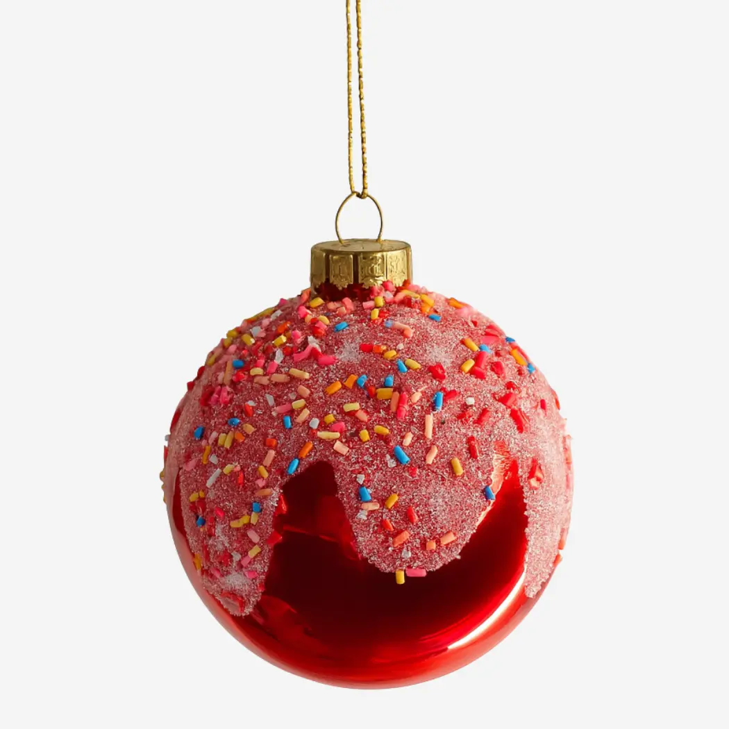 Frosted Donut Red Glass Ornament 8cm Christmas Tree Decoration