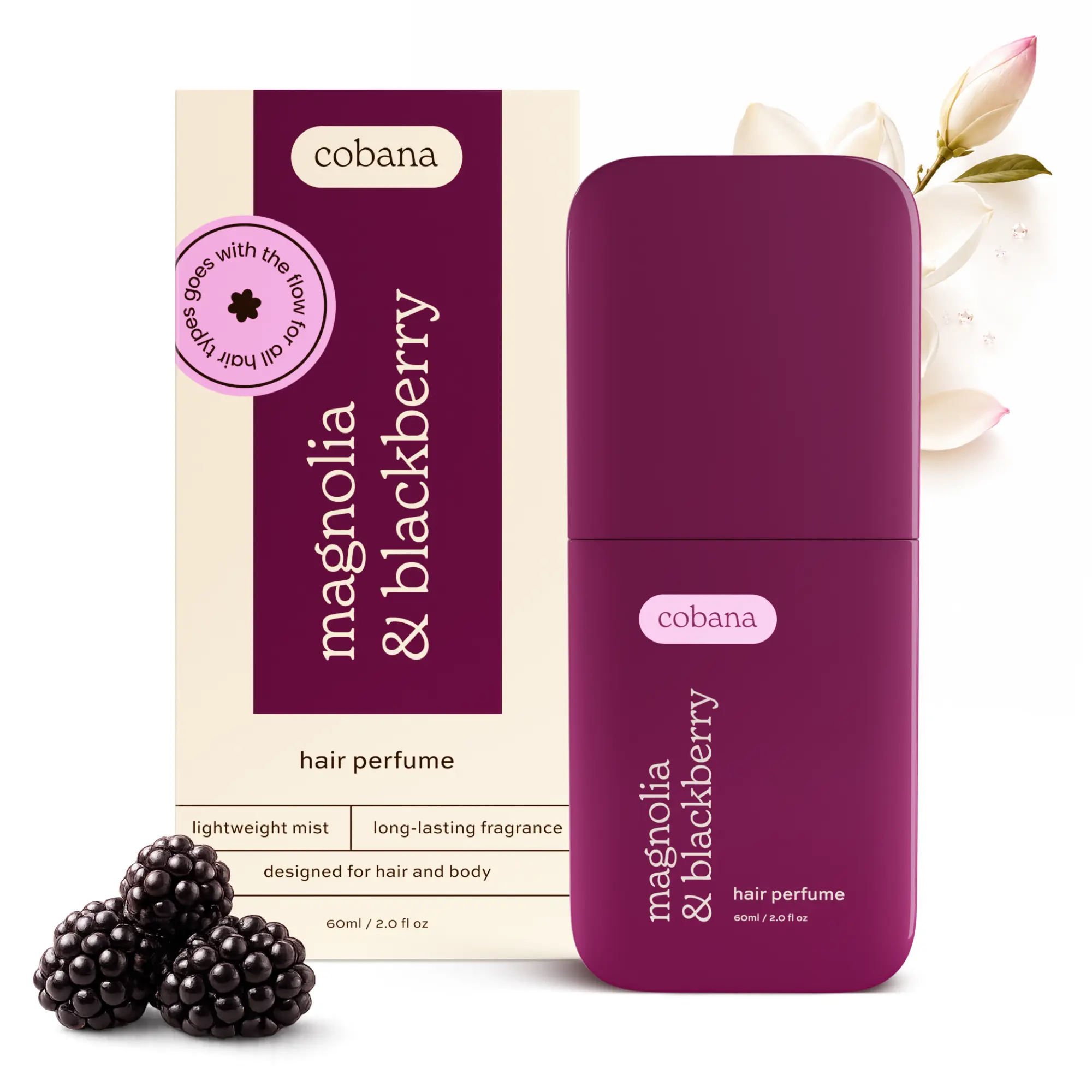 Cobana Hair Blackberry & Magnolia Perfume Spray – Long-Lasting Hair & Body Mist for Women – Stunningly Fresh, & Invigorating – Lightweight, Odor-Eliminating (60ml)