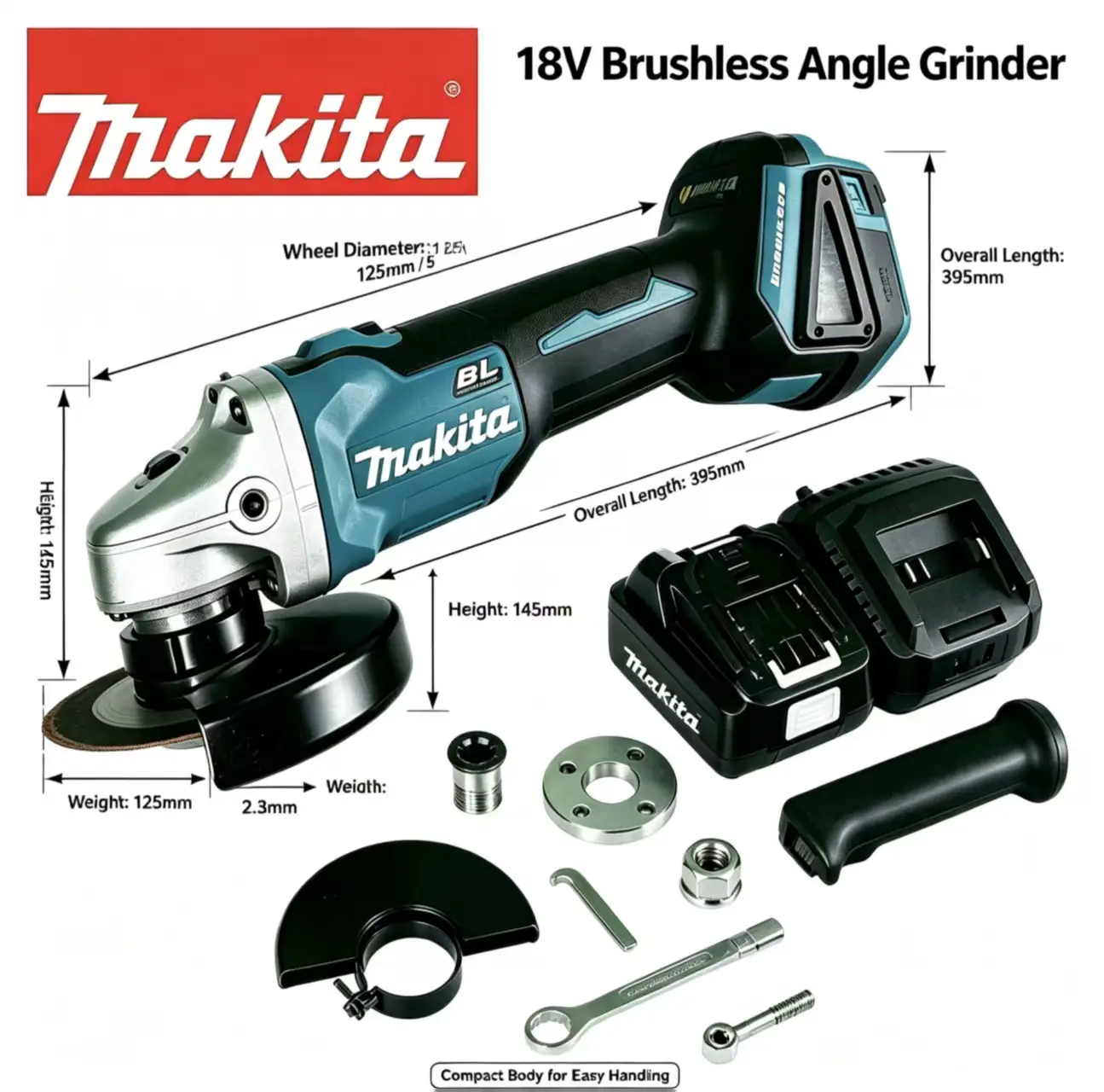 Makita 18V Brushless Cordless Grinder 125mm 5In Disc 10000 RPM Variable Speed With Battery And Charger Kit For Construction Welding Prep And Rebar Cutting