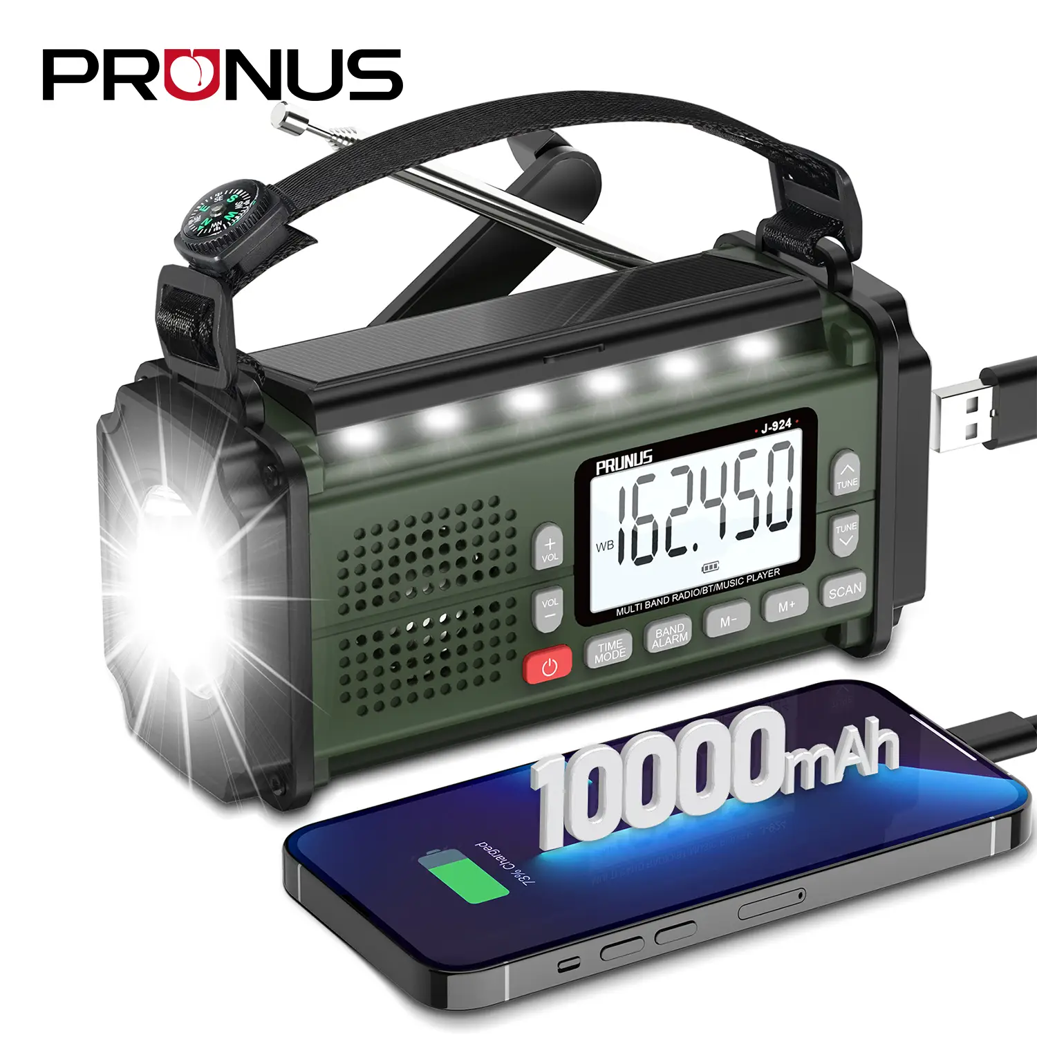 PRUNUS J-924 10000mAh/37000mWh Hand Crank Radio, AAA Batteries Powered Emergency Radio Solar, NOAA Weather Radio AM/FM/SW, USB Charging, Torch& Readin