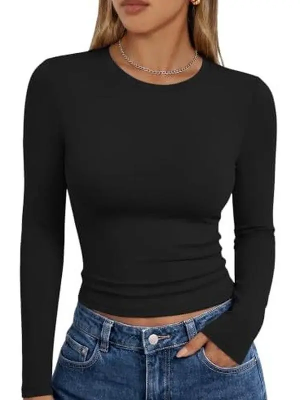 Women Spring Autumn Solid Color Long Sleeve T-Shirt, Slim Fit Crew Neck Basic Pullover Top Casual Undershirt