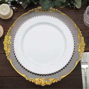 10-Pack Plastic Round Dinner Plates 10" White with Silver Beaded Rim - Disposable Party Plates