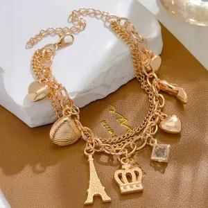 1pc Boho-Chic Adjustable Layered Chain Bracelet with High Heel, Shell & Heart Charms - Golden-Tone Beach Jewelry for Women, Perfect for Parties, Daily Wear & Christmas Gifts, Versatile Fashion Accessory, Delicate Craftsmanship